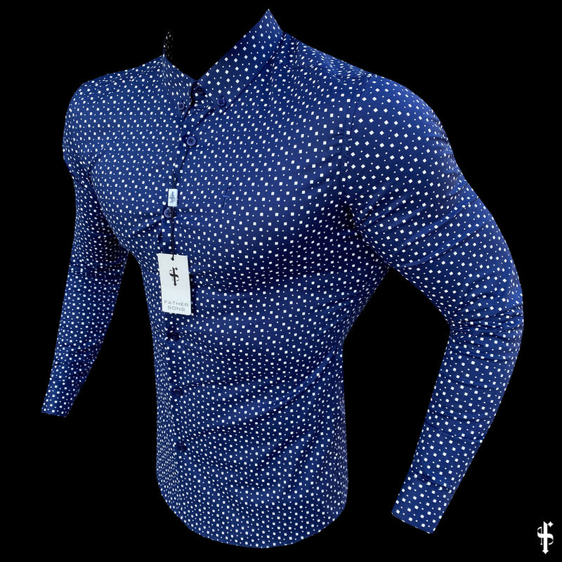 Father Sons Super Slim Stretch Blau &amp; Weiß Multi Square Print Langarmshirt – FS667