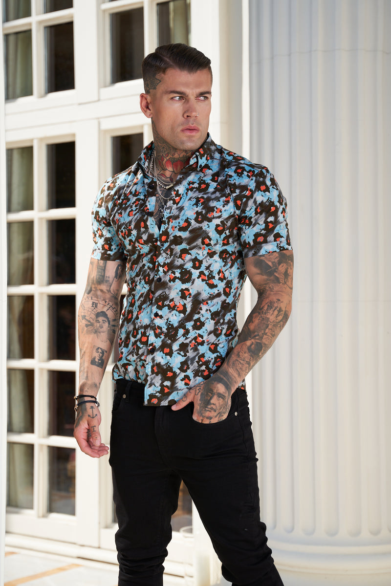 Father Sons Super Slim Stretch Multi Colour Abstract Leopard Print Short Sleeve with Button Down Collar - FS790