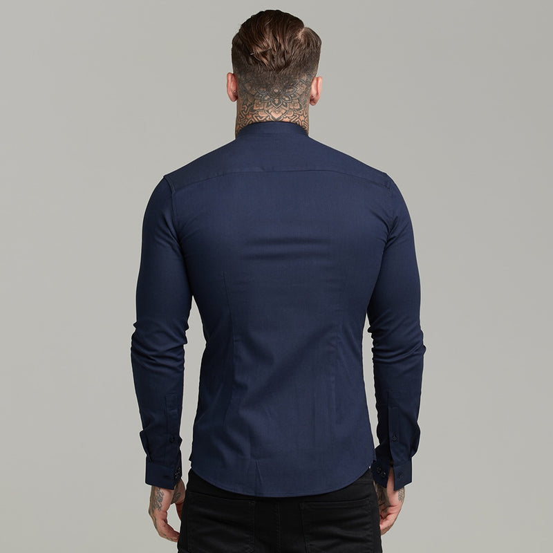 Father Sons Super Slim Stretch Grandad Collar Classic Navy Oxford Langarm – FS583