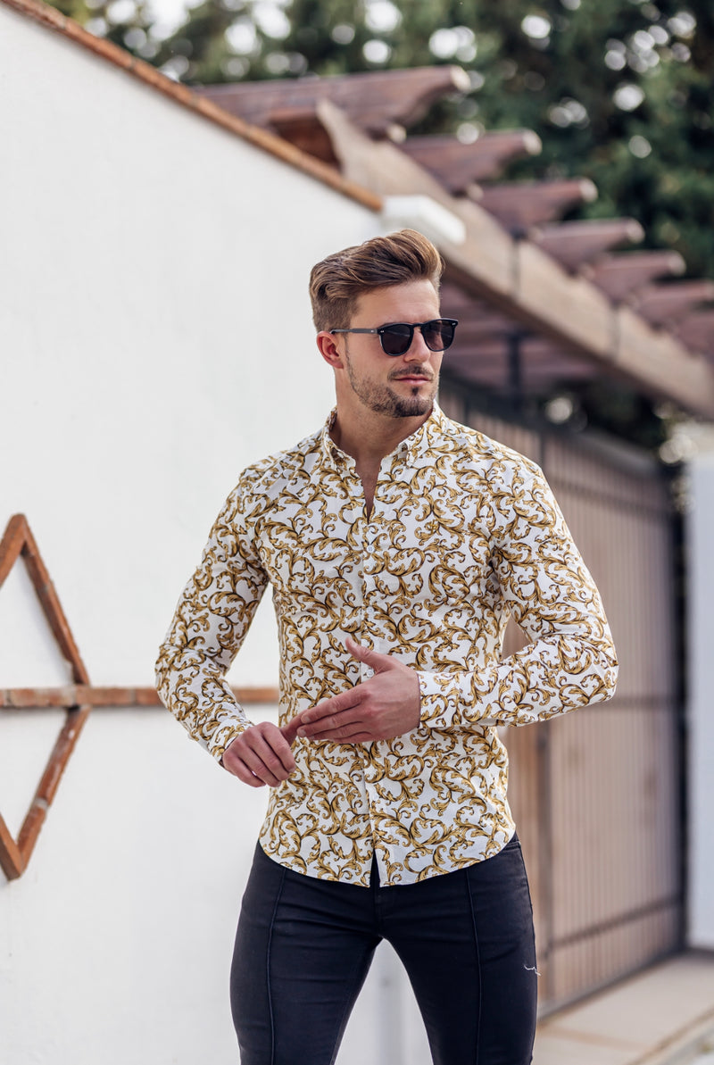 Father Sons Super Slim Stretch Weiß / Gold Scroll Print Langarm mit Button-Down-Kragen – FS822