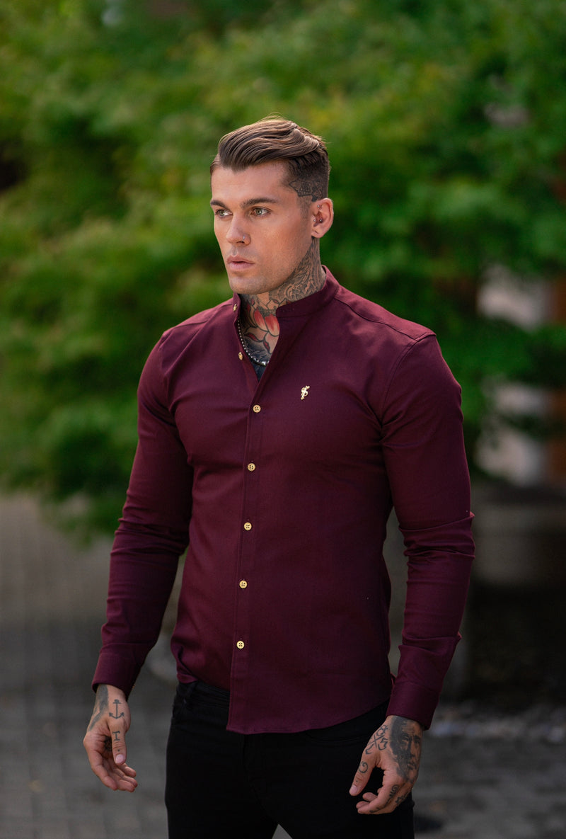 Father Sons Super Slim Stretch Burgundy Denim Long Sleeve Grandad collar with Metal Buttons and Decal Emblem - FS721