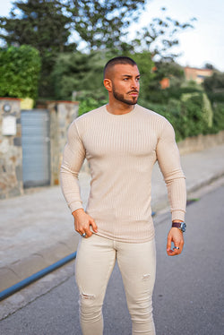 Father Sons Classic Beige Long Sleeve Ribbed Knit Super Slim Crew - FSH293