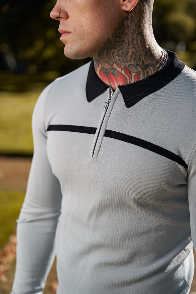 Father Sons Classic Poloshirt mit Reißverschluss, langärmelig, silbergrau/schwarz, horizontal gestreift – FSN049
