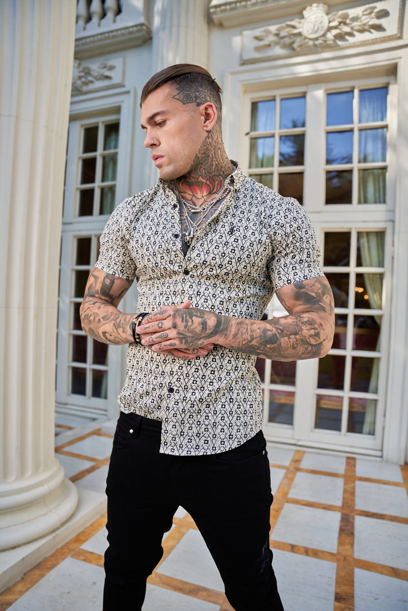 Father Sons Super Slim Stretch Ecru / Black Geo Flower Print Short Sleeve with Button Down Collar - FS788