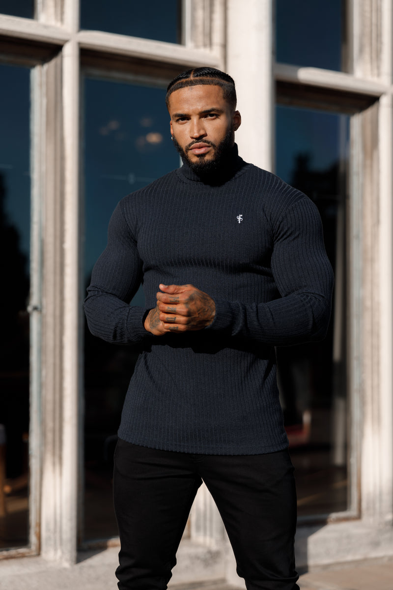 Father Sons Classic Navy Ribbed Knit Roll neck Jumper - FSH778