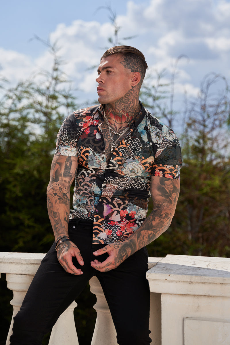 Father Sons Super Slim Stretch Multi Oriental Print Short Sleeve with Button Down Collar - FS766