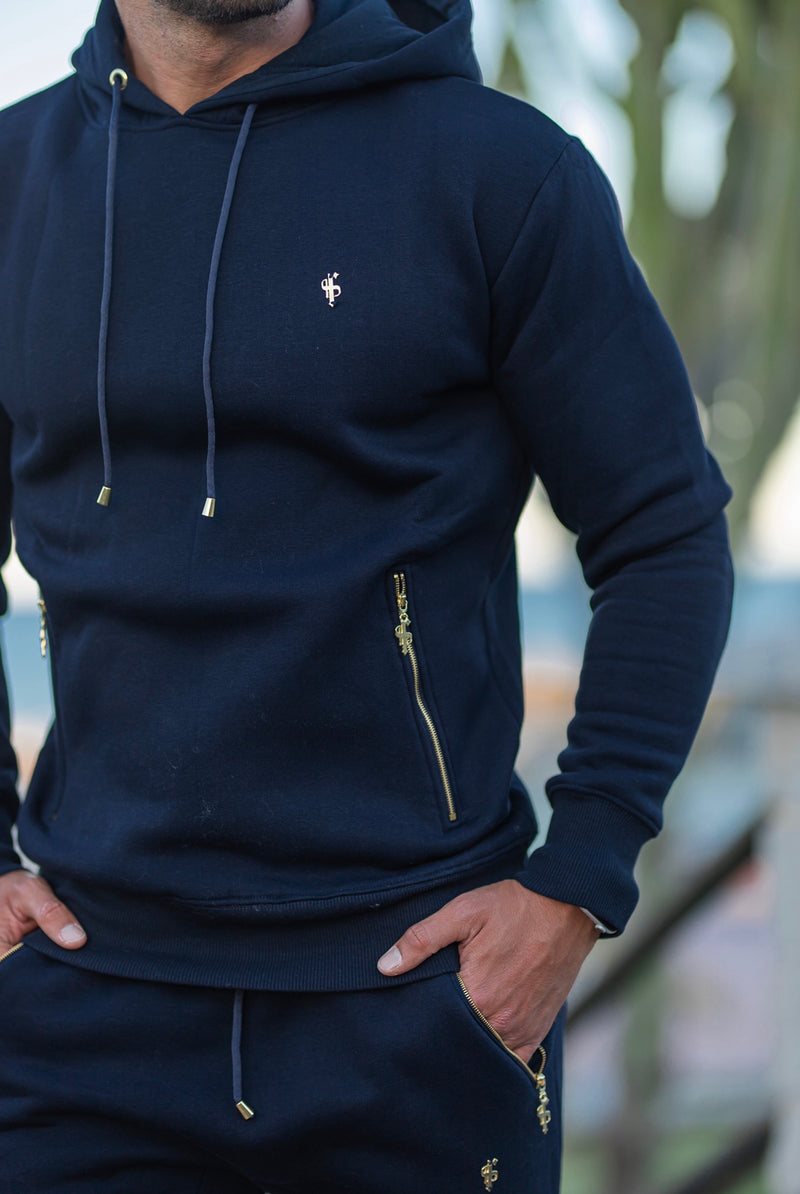 Father Sons Navy &amp; Gold Overhead Hoodie Top mit Reißverschlusstaschen – FSH475