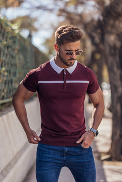 Father Sons Classic Burgundy / White Horizontal Stripe Zipped Polo Short Sleeve - FSN045