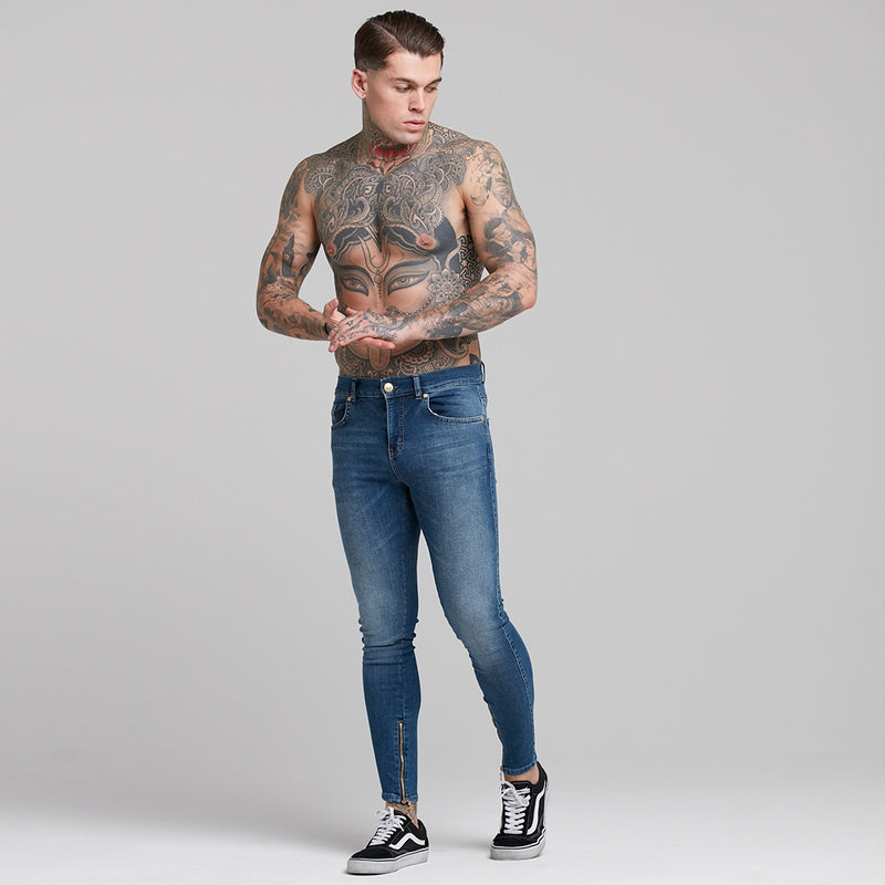 Vater-Söhne-Jeans mit Reißverschluss am Knöchel, schlichte, schmale Stretch-Jeans in Blau – FSH181