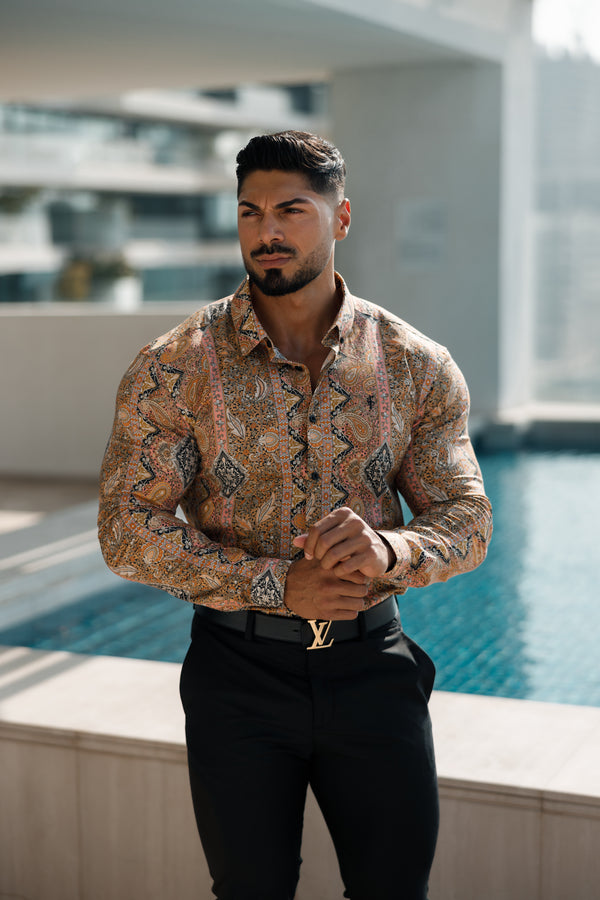 Father Sons Super Slim Stretch Tan Paisley Print Long Sleeve with Button Down Collar - FS892