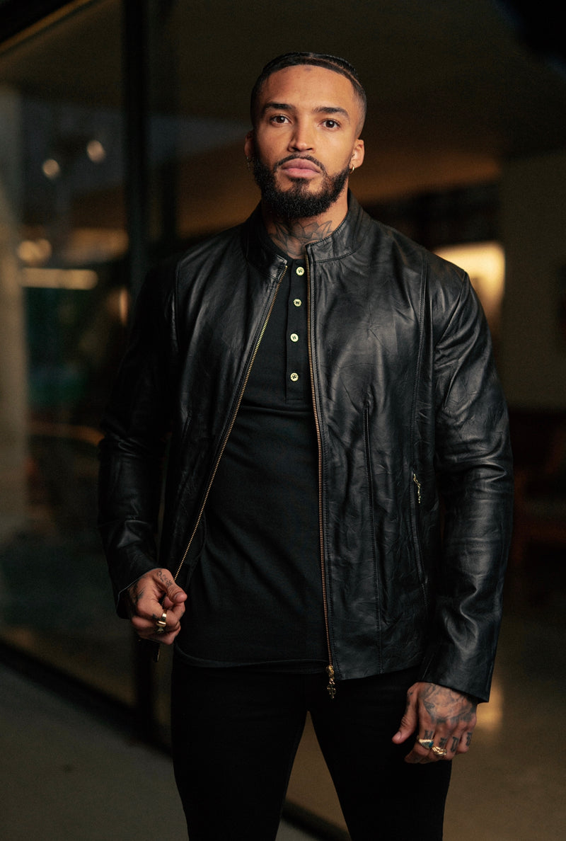 Schwarze Lammlederjacke von Father Sons mit goldenen Reißverschlüssen – FSH610