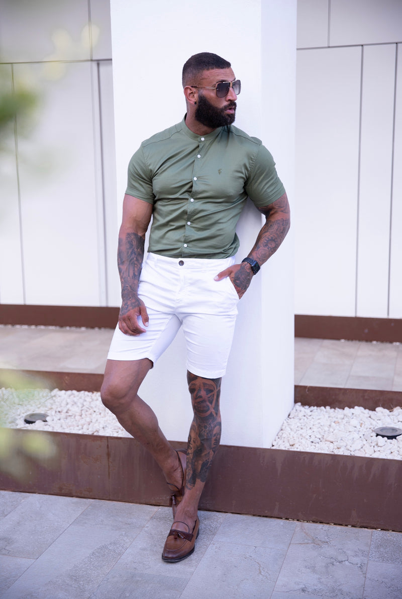 Father Sons Super Slim Luxe Ultra Stretch Khaki Short Sleeve with Grandad Collar -  FS781