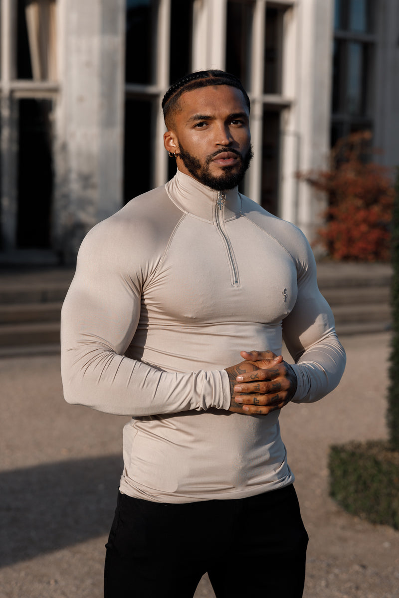 Father Sons Langarm-Fitness-Top in Beige mit halbem Reißverschluss – FSH749