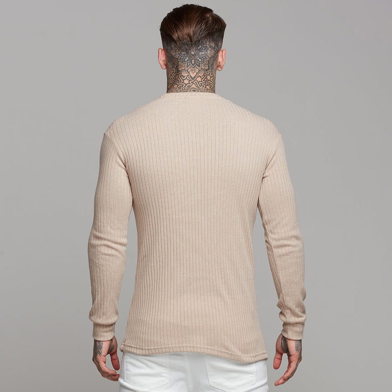 Father Sons Classic Beige Langarm-Rippstrick-Super-Slim-Rundhalsshirt – FSH293