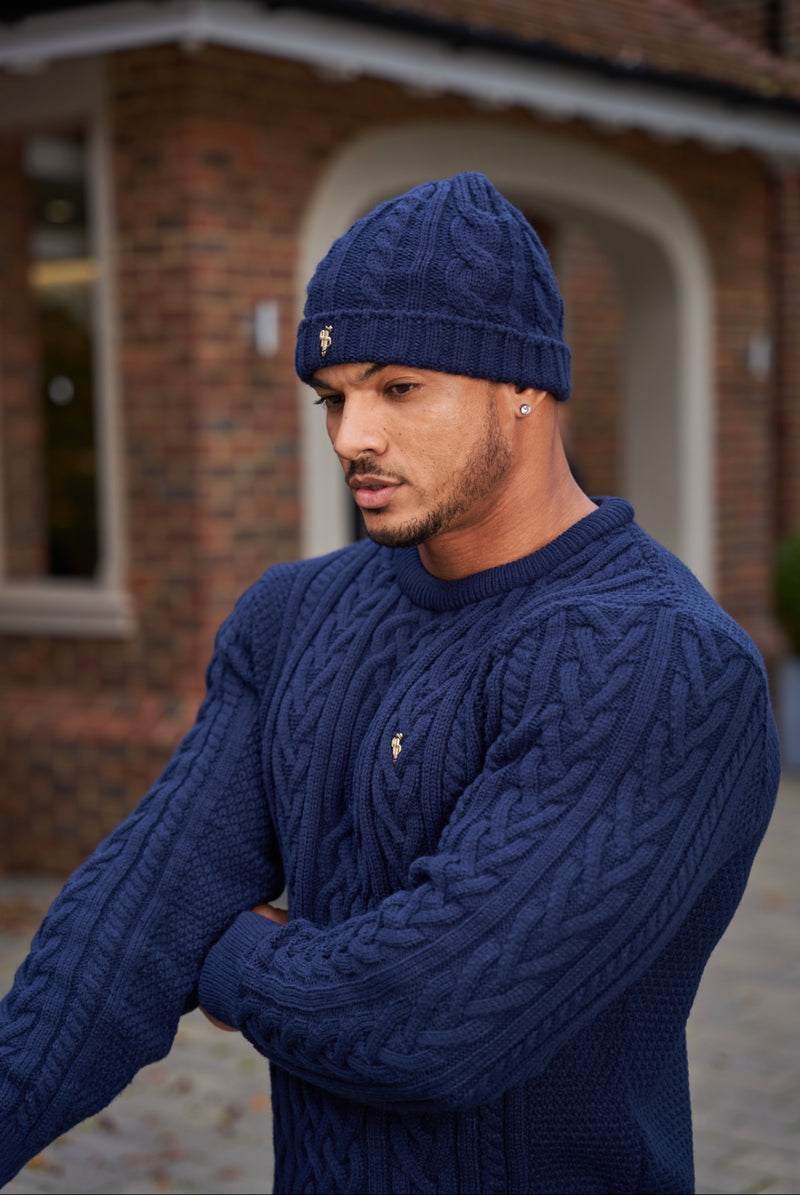 Father Sons Navy Twisted Braid Weave Super Slim Pullover mit goldenem Aufkleber – FSJ036