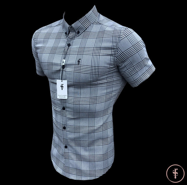 Father Sons Super Slim Stretch Prince Of Wales White and Black Check Short Sleeve - FS460