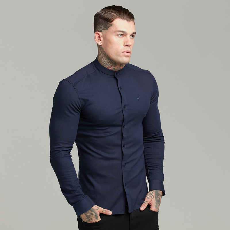 Father Sons Super Slim Stretch Grandad Collar Classic Navy Oxford  Long Sleeve - FS583