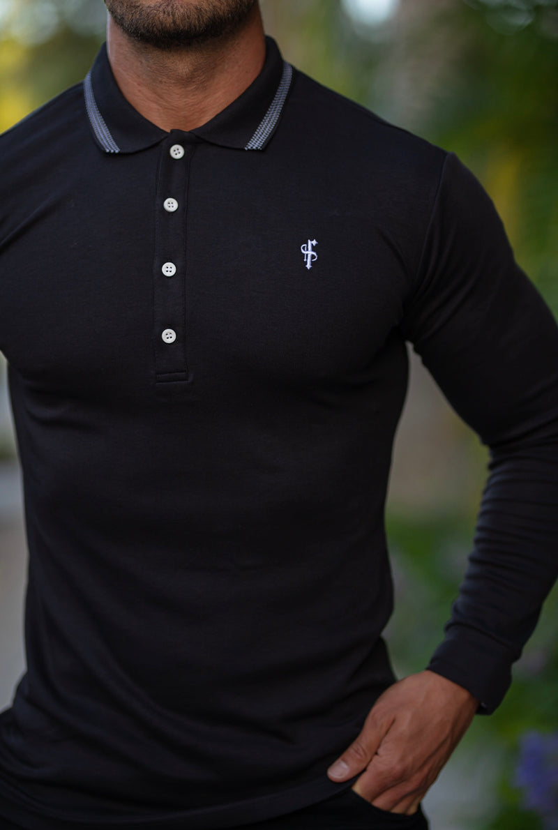 Father Sons klassisches schwarzes Pima-Poloshirt mit Kontrastkragen, langärmlig – FSH426