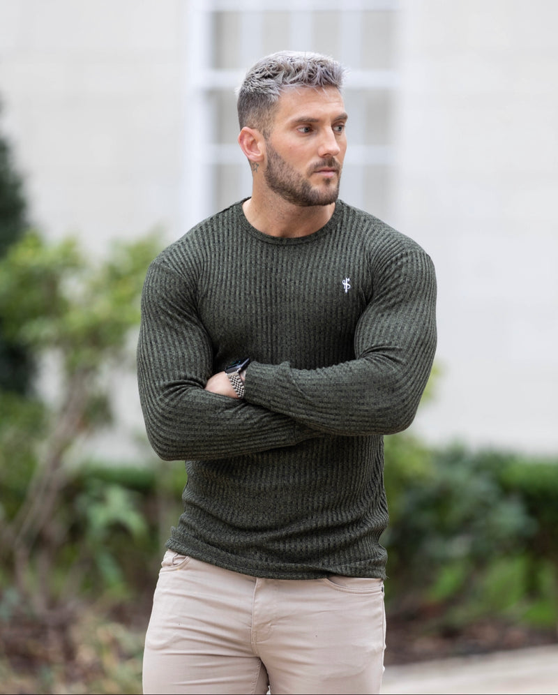 Father Sons klassischer gerippter Strickpullover in Khaki/Weiß – FSH769