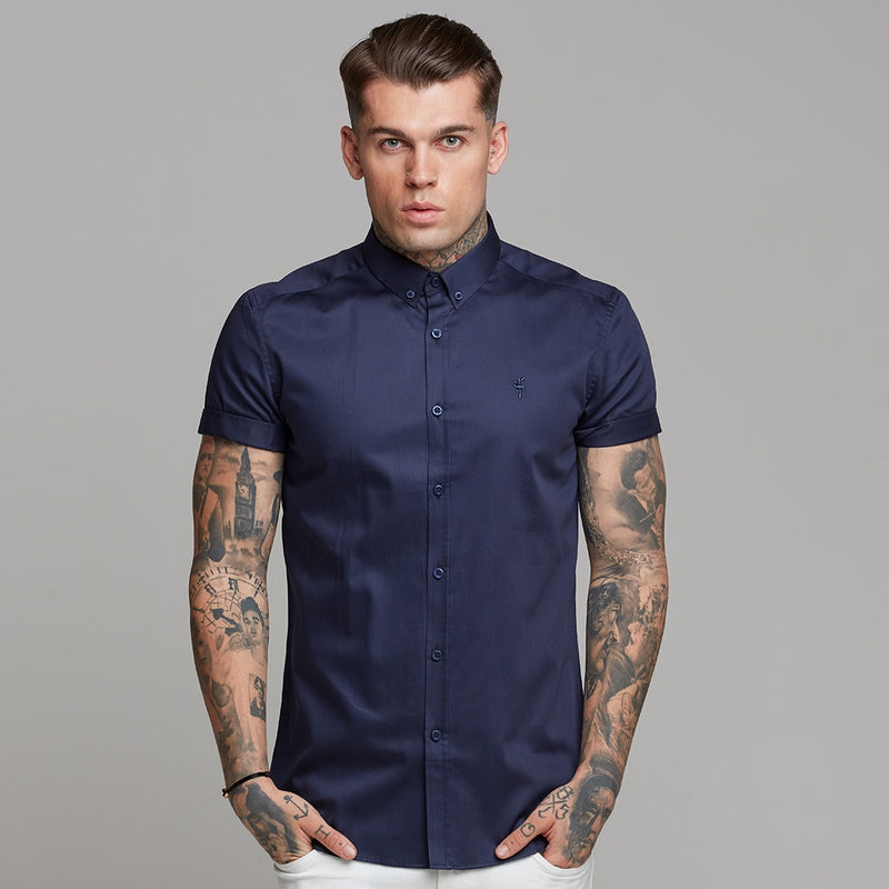 Father Sons Classic Navy Luxe Button-Down-Kurzarmshirt aus ägyptischer Baumwolle – FS500 (LETZTE CHANCE)