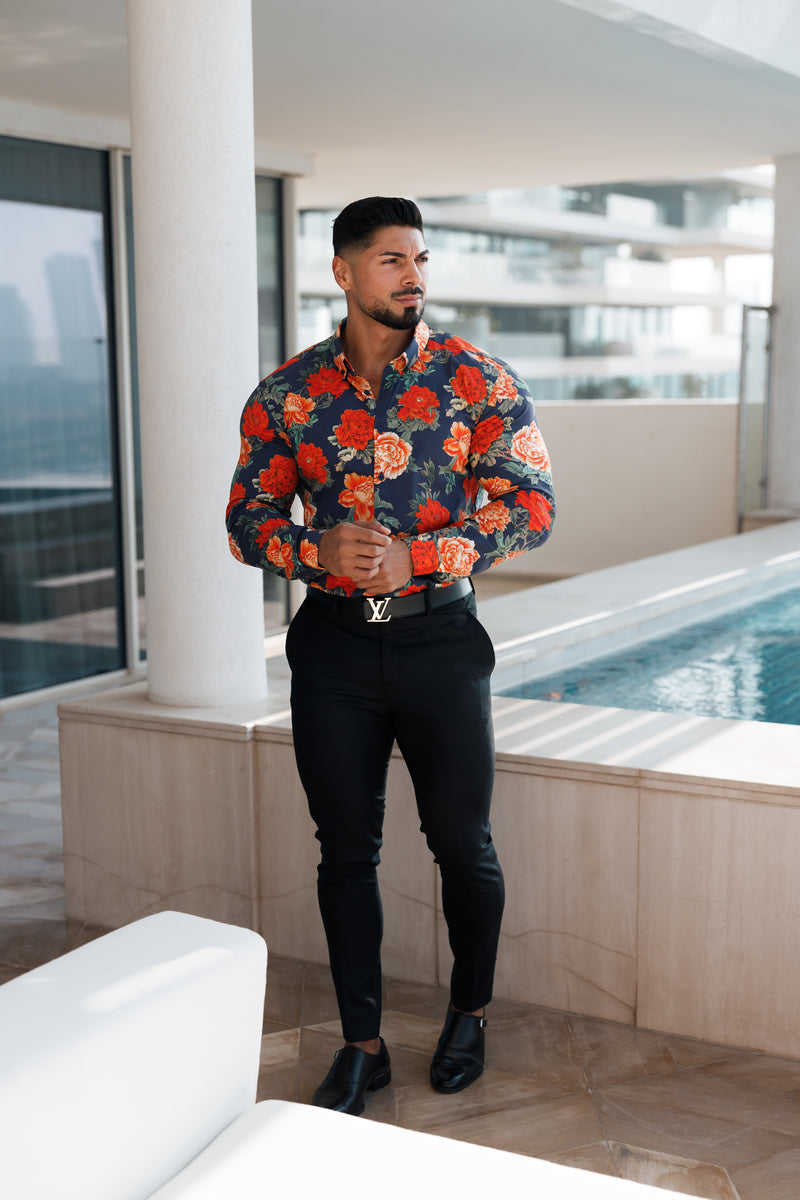 Father Sons Super Slim Stretch Navy and Red Floral Print Long Sleeve with Button Down Collar - FS840