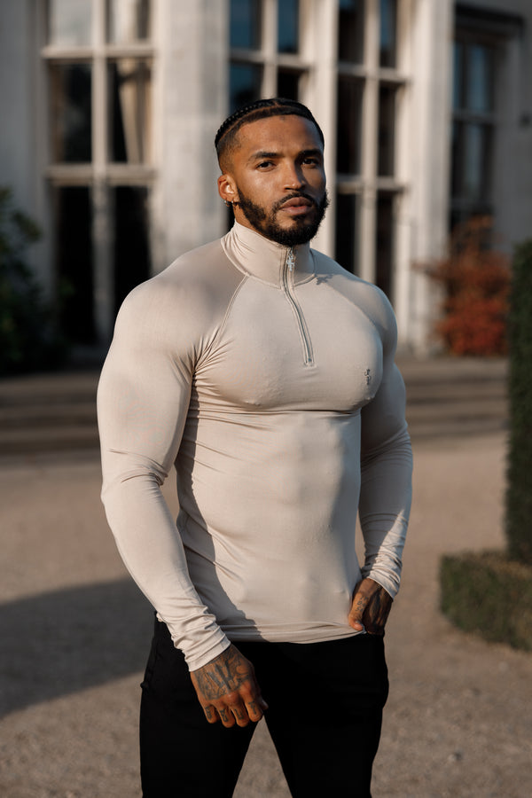 Father Sons Langarm-Fitness-Top in Beige mit halbem Reißverschluss – FSH749