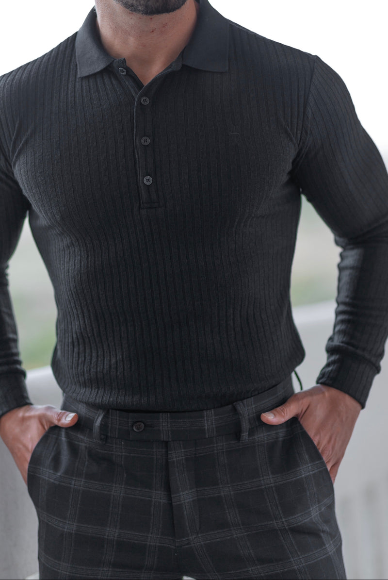 Father Sons klassisches schwarzes geripptes Poloshirt mit langen Ärmeln – FSH582
