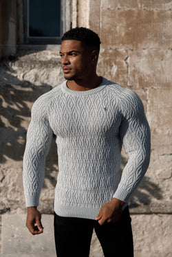 Father Sons Silver Grey Knitted Elongated Diamond Crew Super Slim Raglan Jumper With Metal Decal - FSN053