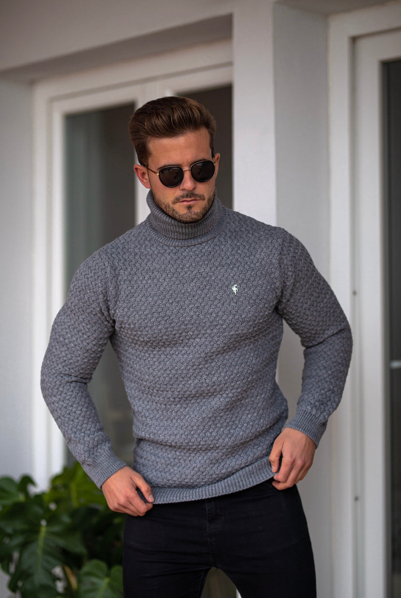 Father Sons Charcoal Knitted Roll Neck Weave Super Slim Jumper With Metal Decal - FSJ027