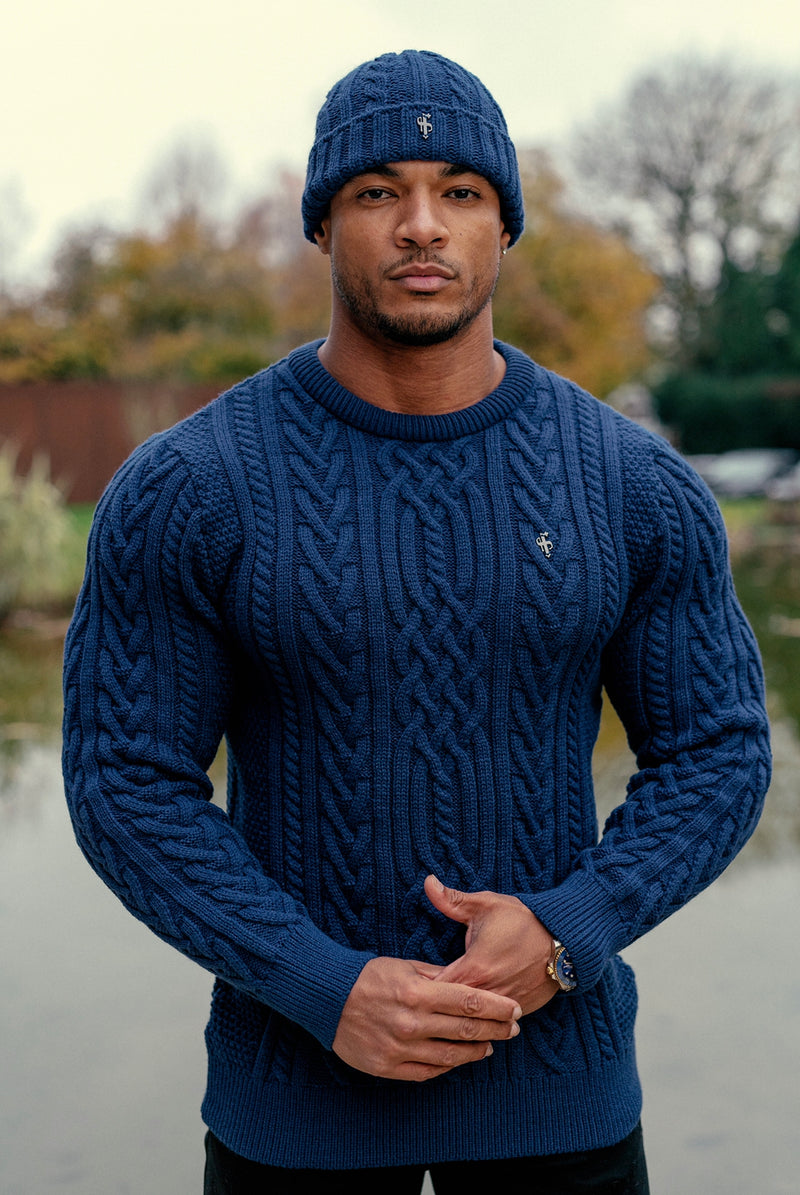 Father Sons Royal Blue Twisted Braid Weave Super Slim Jumper With Gunmetal Decal - FSJ042