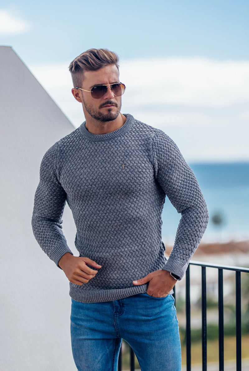 Vater-Söhne-grauer, gestrickter, superschlanker Pullover mit Metallaufkleber – FSJ016