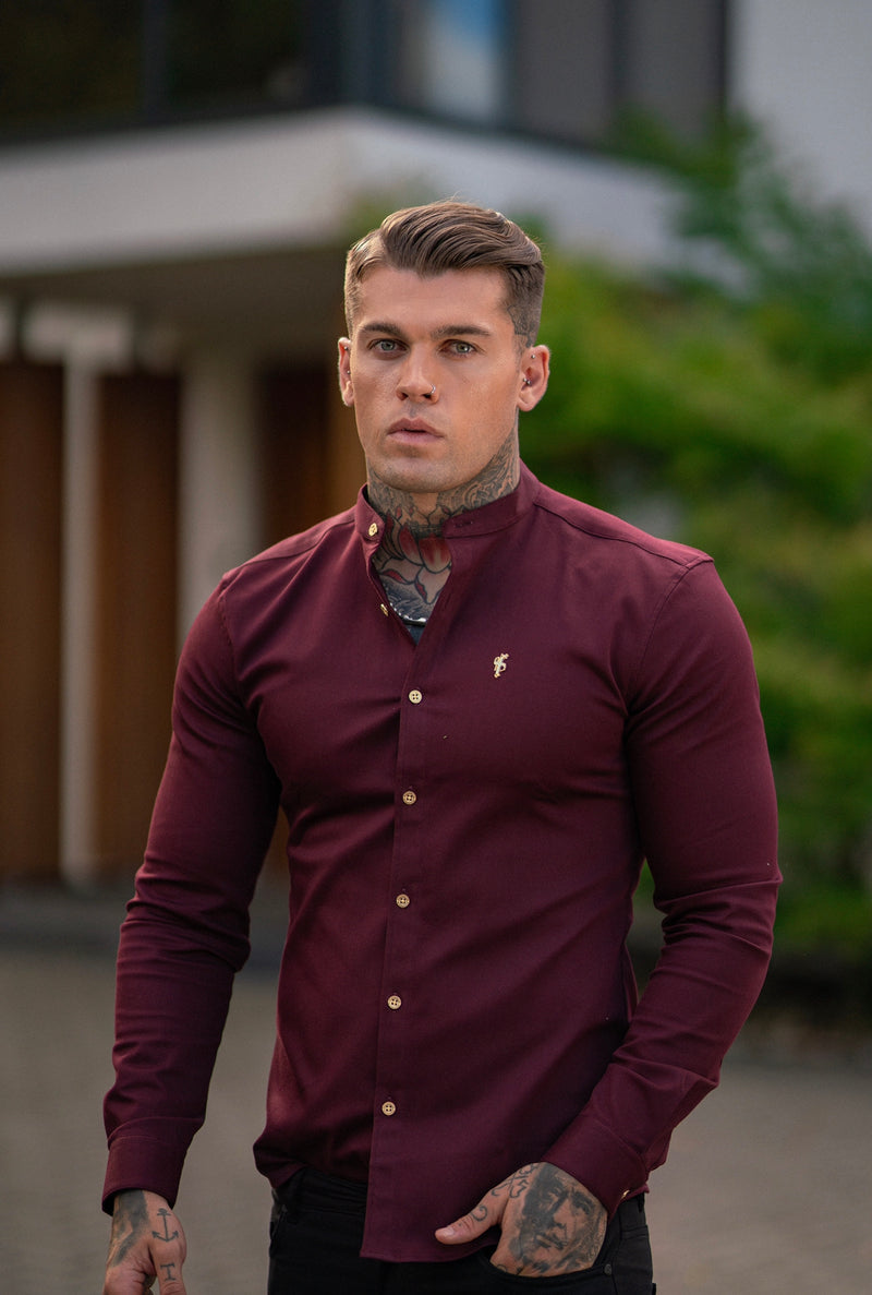 Father Sons Super Slim Stretch Burgundy Denim Long Sleeve Grandad collar with Metal Buttons and Decal Emblem - FS721