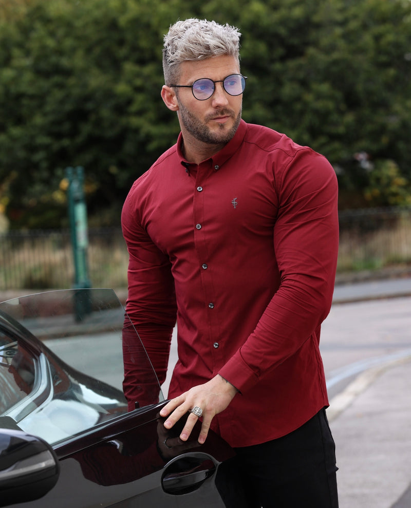 Father Sons Super Slim Stretch Classic Ox Blood Long Sleeve With Button Down Collar -  FS821