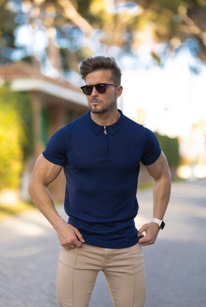 Father Sons Classic Navy Merino Wool Knitted Zip Polo Short Sleeve Jumper With FS Embroidery- FSN027