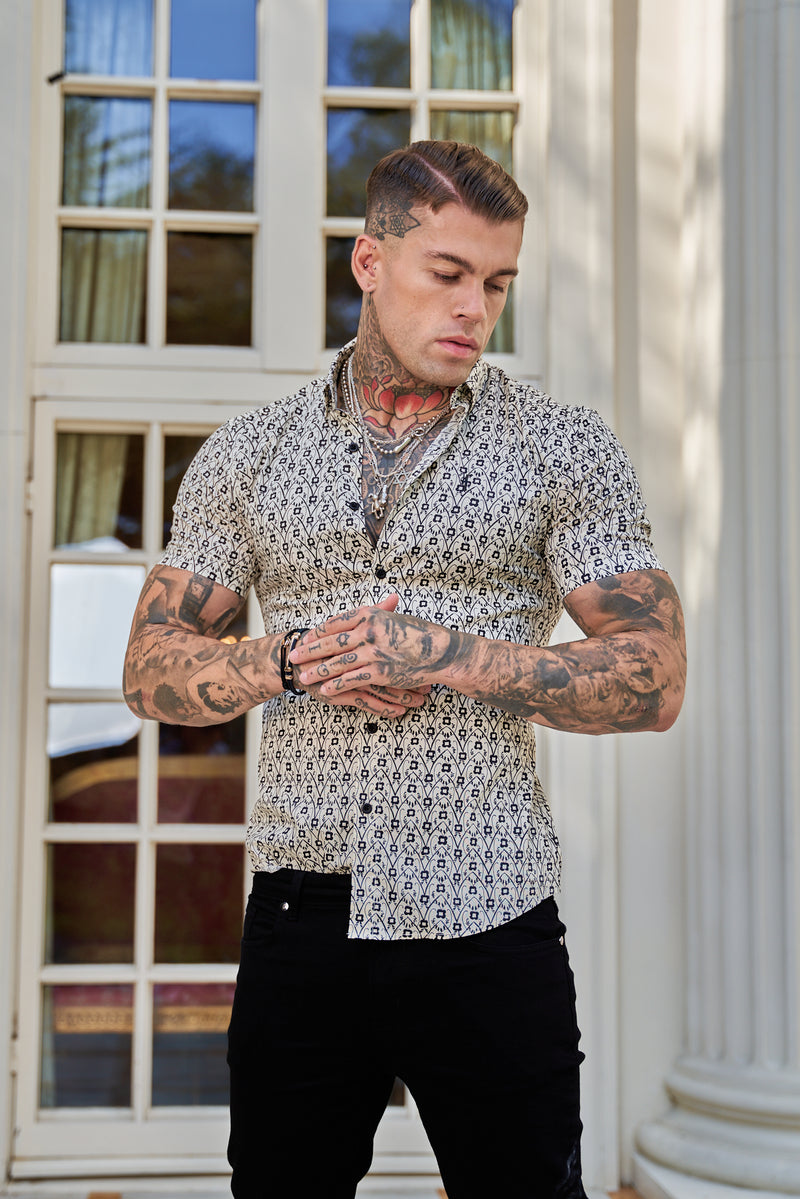 Father Sons Super Slim Stretch Ecru / Black Geo Flower Print Short Sleeve with Button Down Collar - FS788