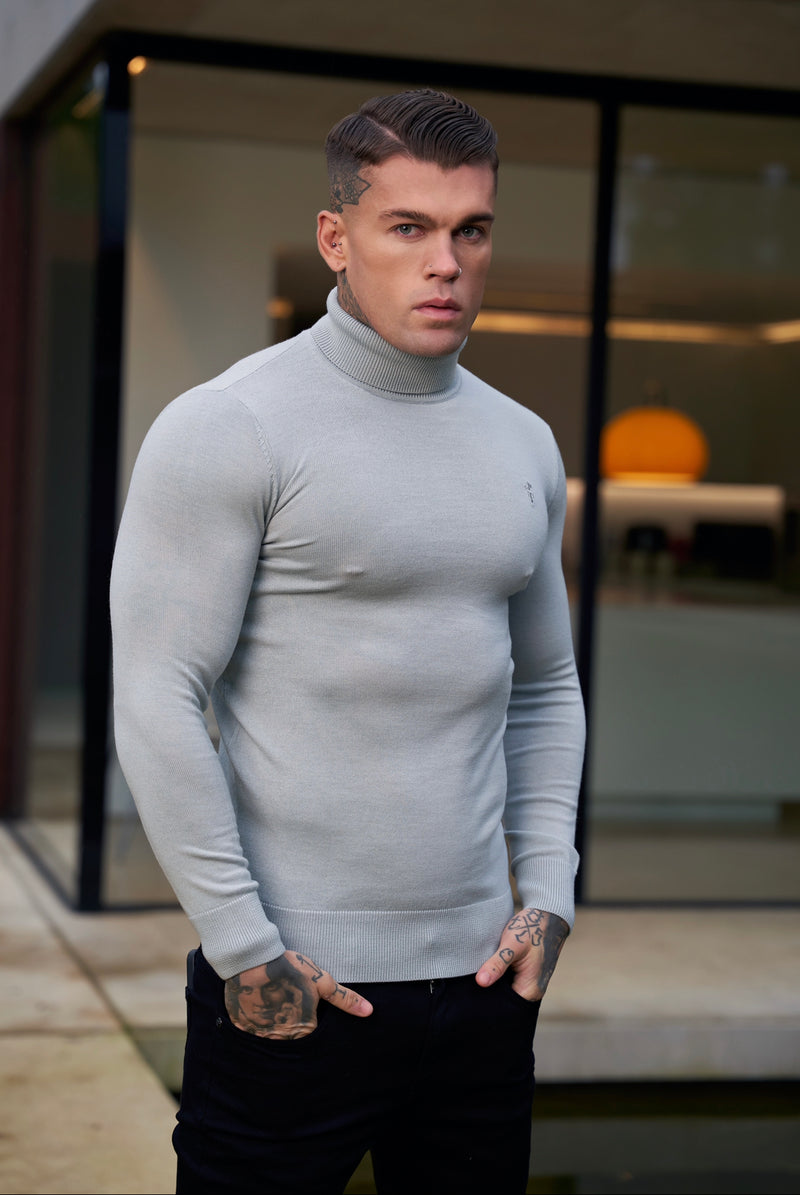 Father Sons Classic Grey Roll Neck Merino Wool Knitted Jumper With FS Embroidery - FSN013