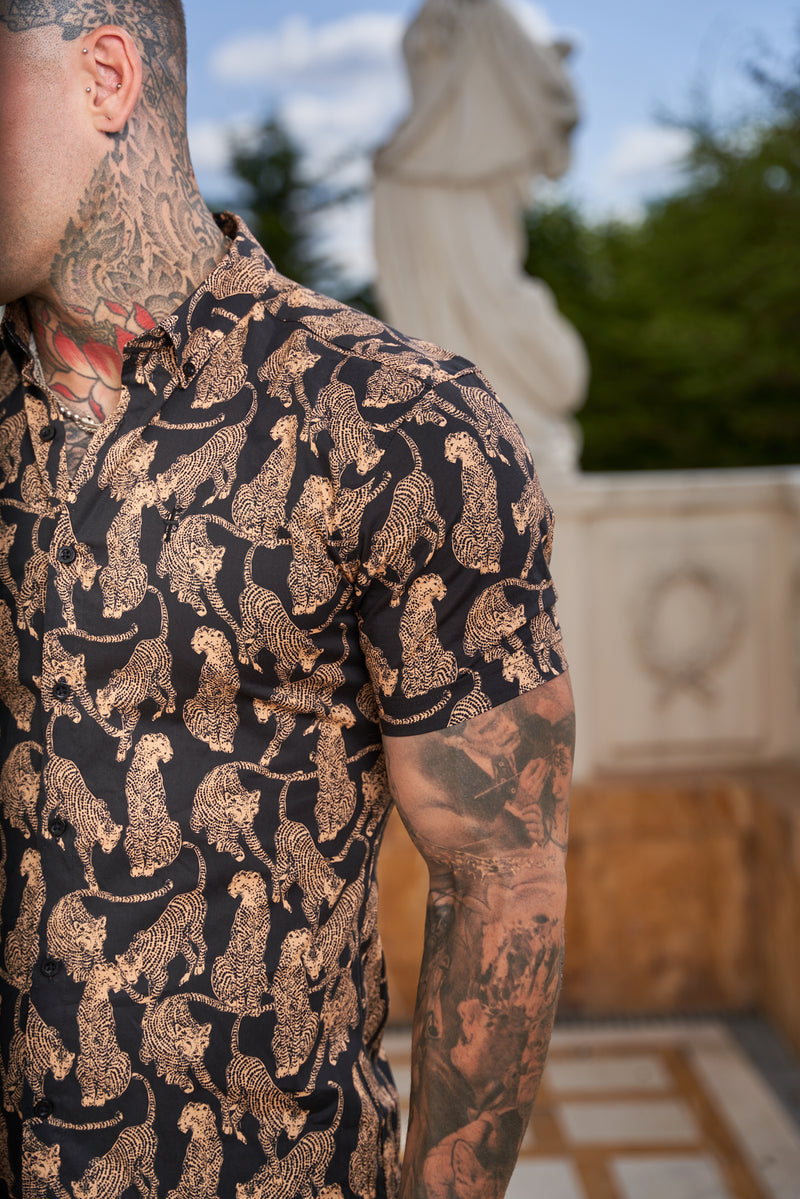 Father Sons Super Slim Stretch Black / Tan Cheetah Print Short Sleeve with Button Down Collar - FS789