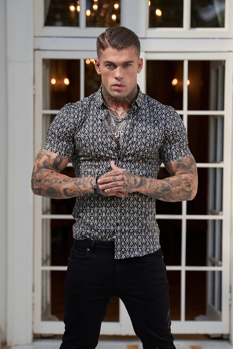 Father Sons Super Slim Stretch Black and Ecru Geo Flower Print Short Sleeve with Button Down Collar - FS787