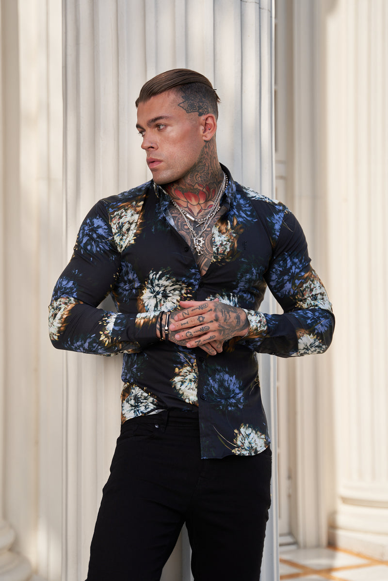 Father Sons Super Slim Stretch Black Base Blurred Flower Print Long Sleeve with Button Down Collar - FS800