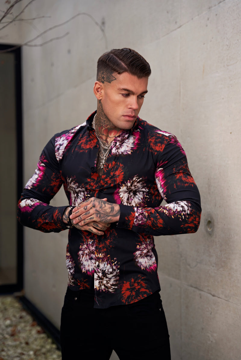 Father Sons Super Slim Stretch Black with Red / Pink Blurred Flower Print Long Sleeve with Button Down Collar - FS844