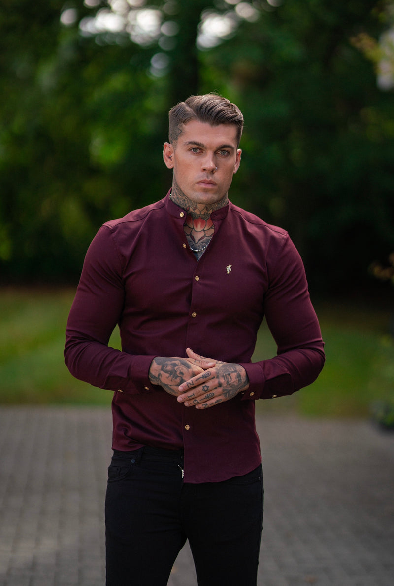 Father Sons Super Slim Stretch Burgundy Denim Long Sleeve Grandad collar with Metal Buttons and Decal Emblem - FS721