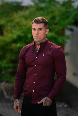 Father Sons Super Slim Stretch Burgundy Denim Long Sleeve Grandad collar with Metal Buttons and Decal Emblem - FS721