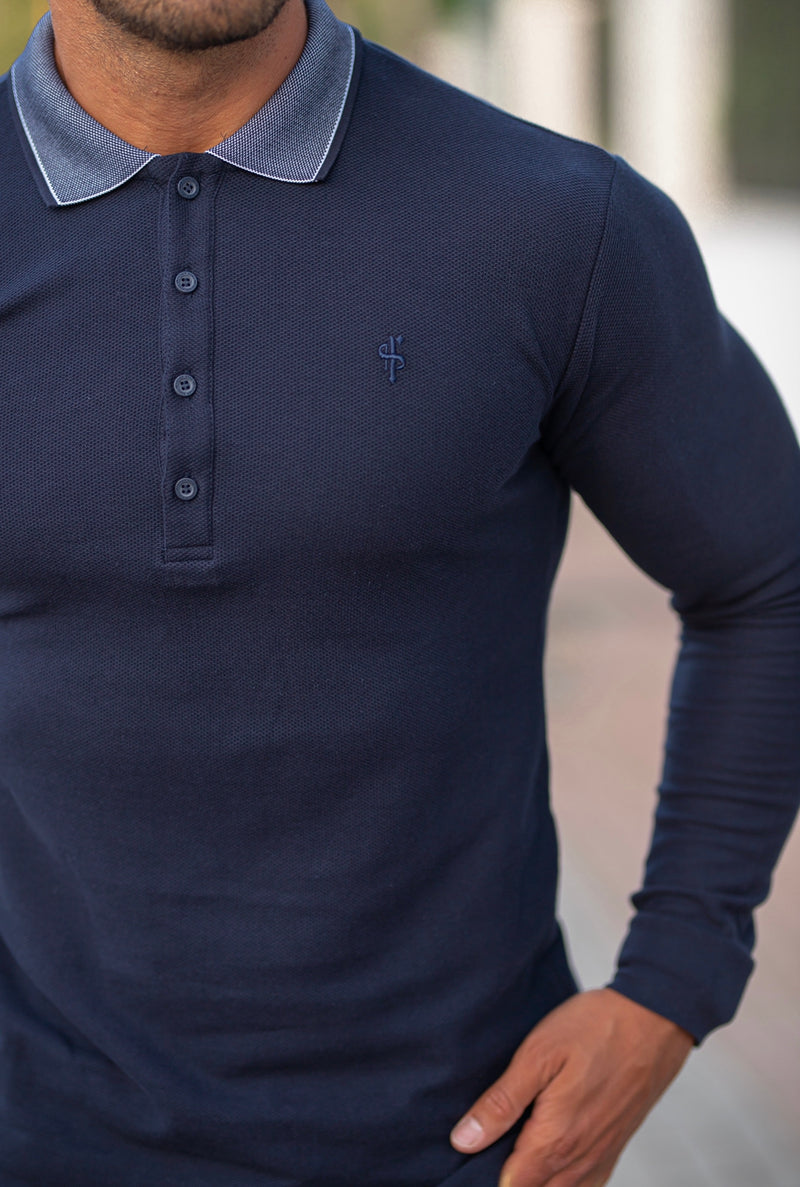 Father Sons klassisches dunkelblaues Poloshirt mit Wabenstruktur und Kontrastkragen, langärmlig – FSH425