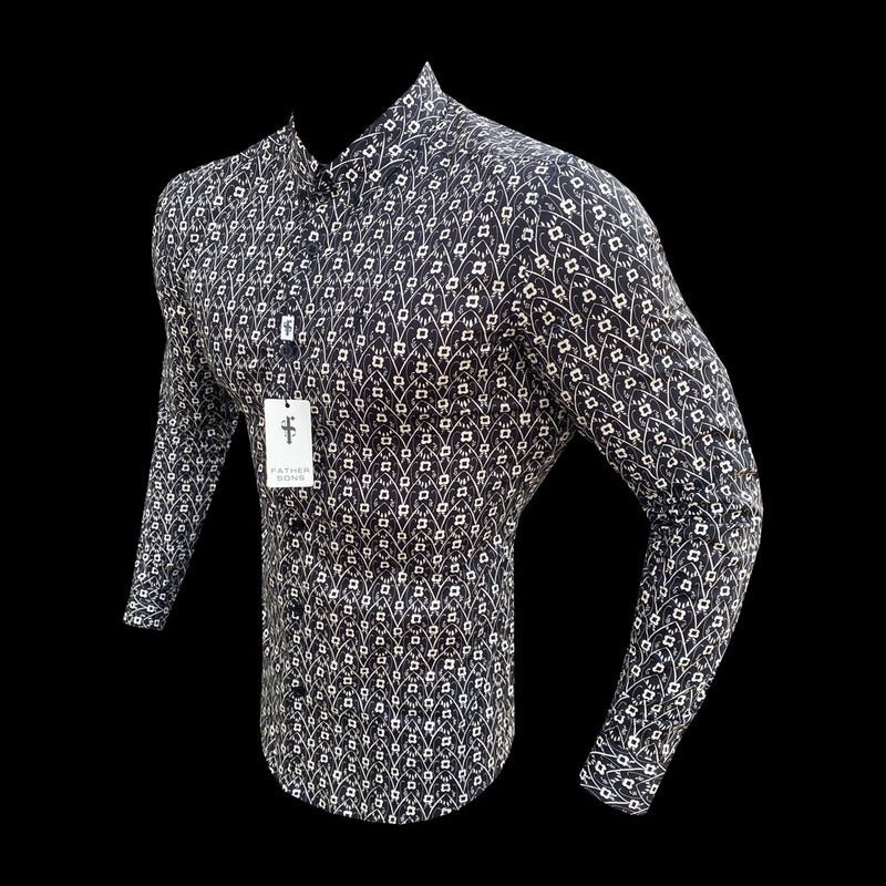 Father Sons Super Slim Stretch Black and Ecru Geo Flower Print Long Sleeve with Button Down Collar - FS793