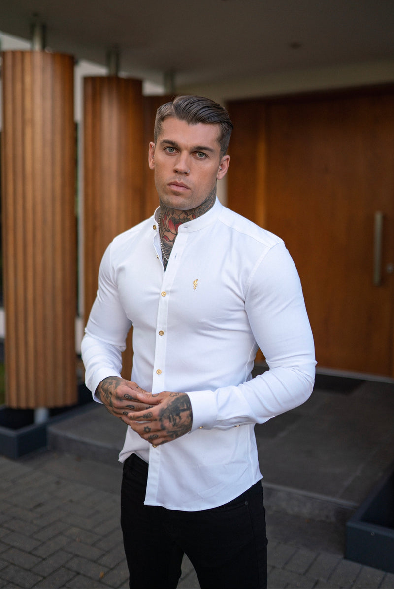 Father Sons Super Slim Stretch White Denim Long Sleeve Grandad collar with Metal Buttons and Decal Emblem - FS719