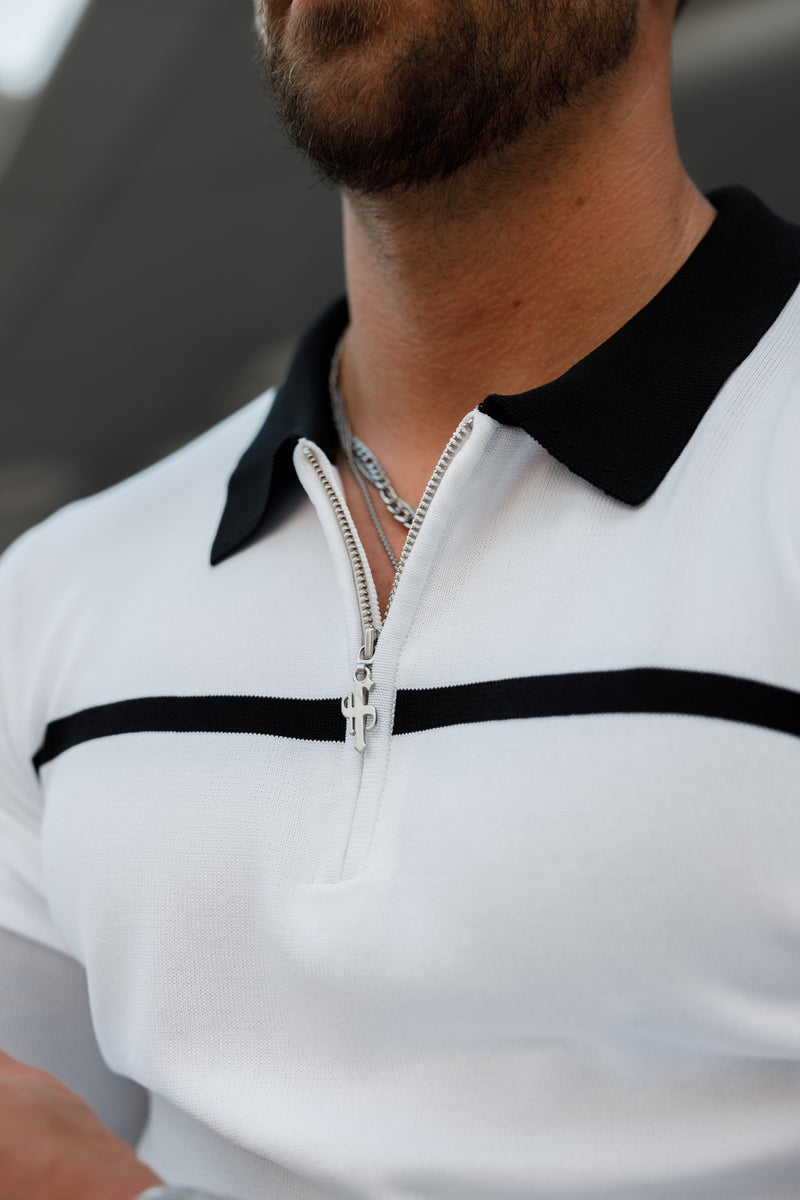 Father Sons klassisches langärmliges Poloshirt mit Reißverschluss in Weiß/Schwarz mit horizontalen Streifen – FSN050