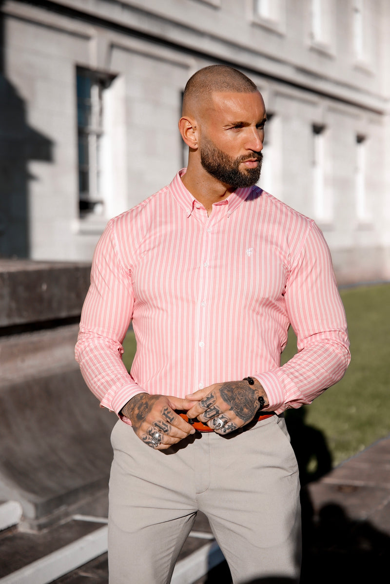 Father Sons Super Slim Stretch Weiß/Rosa Streifendruck Langarm mit Button-Down-Kragen – FS888