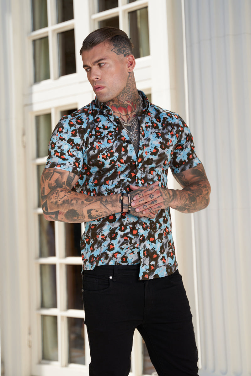 Father Sons Super Slim Stretch Multi Color Abstract Leopard Print Kurzarm mit Button-Down-Kragen – FS790