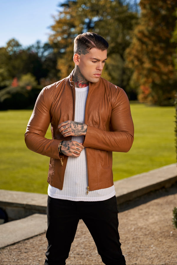 Tan Lammlederjacke von Father Sons mit goldenen Reißverschlüssen – FSH793