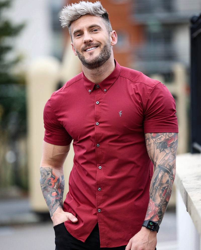 Father Sons Super Slim Stretch Classic Ox Blood Short Sleeve With Button Down Collar -  FS820